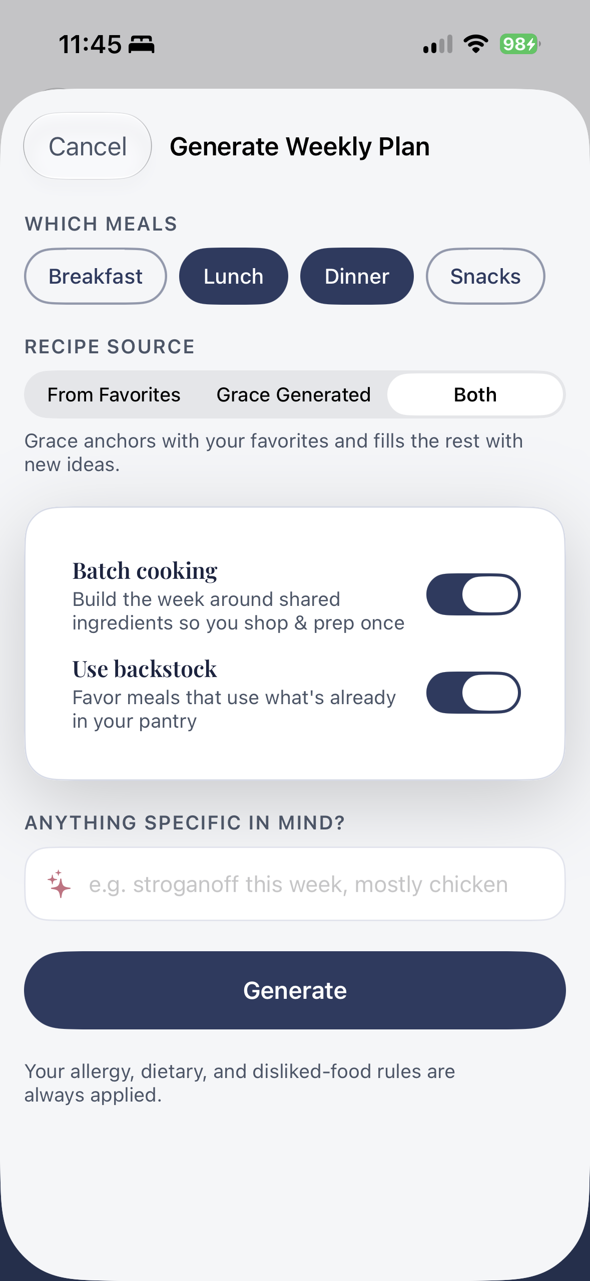 Weekly meal plan generation